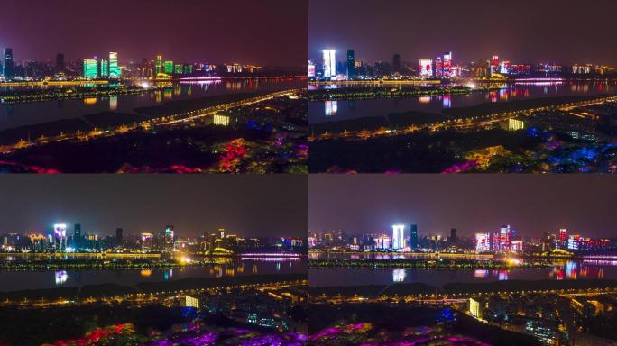 4K航拍延时湖南长沙湘江橘子洲城市夜景