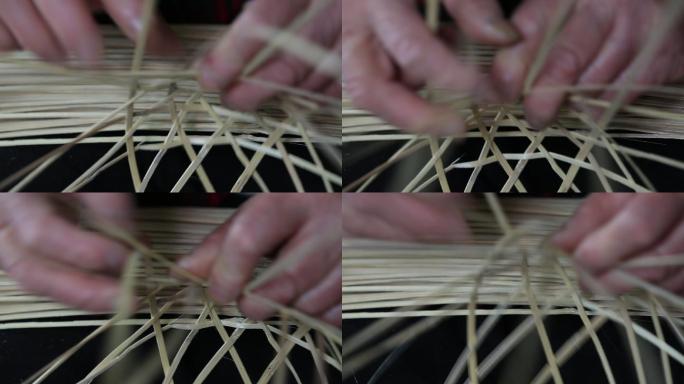 中国传统竹编手工艺斗笠制作特写素材
