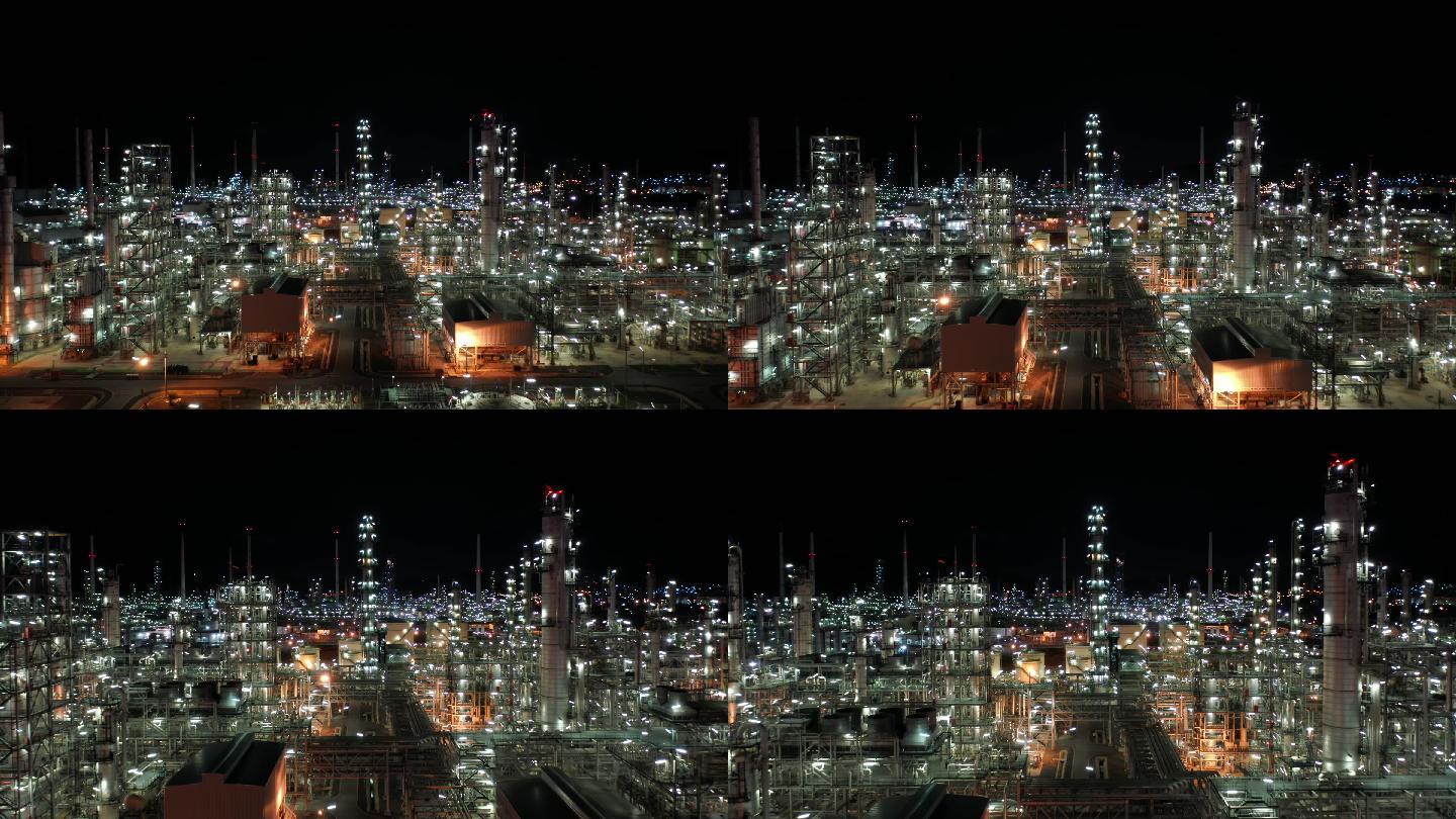 炼油工业夜间鸟瞰图。