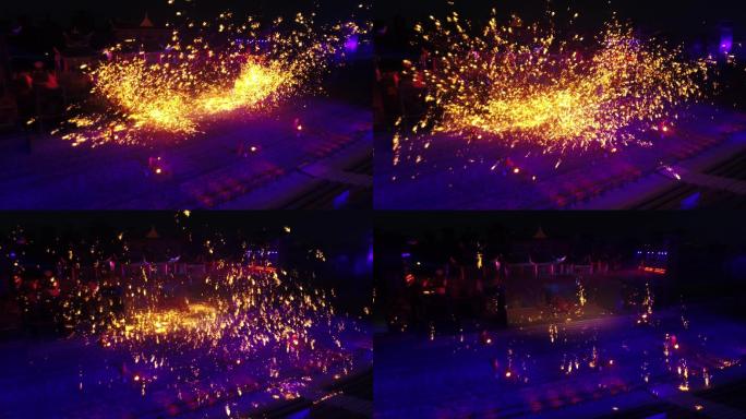 西安乐华城跨年航拍打铁花秦汉风云表演素材
