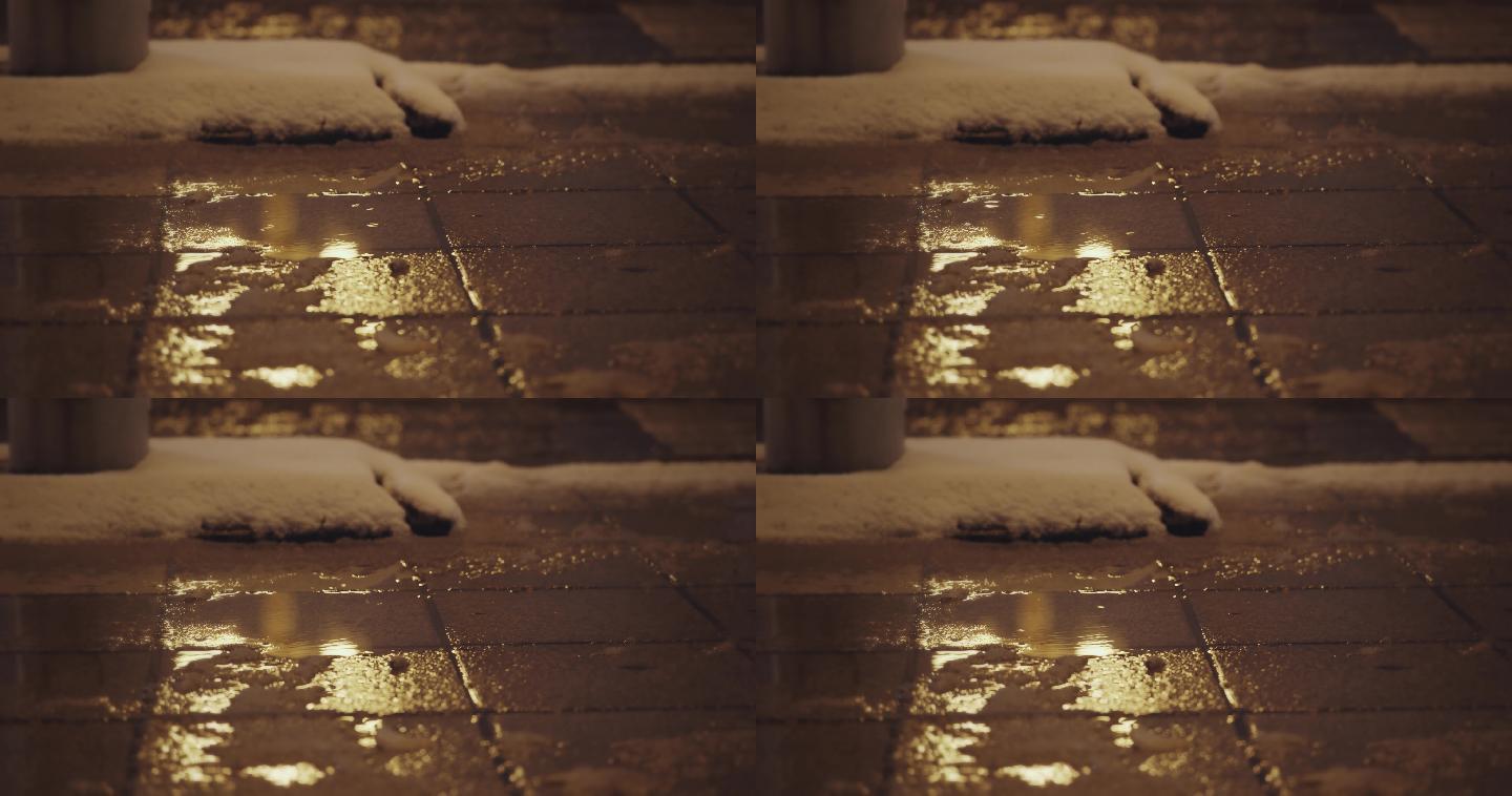 【8K正版素材】自然下雪雪花积水路灯近景