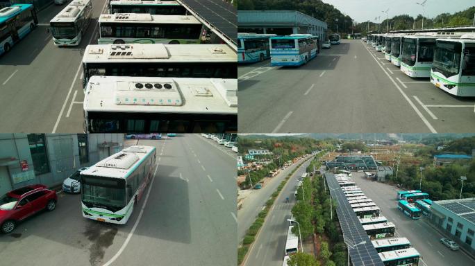 4K电动公交车充电站场航拍空镜