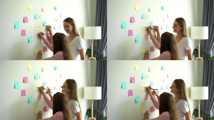 母亲和小女孩在便笺纸上写字并贴在墙上