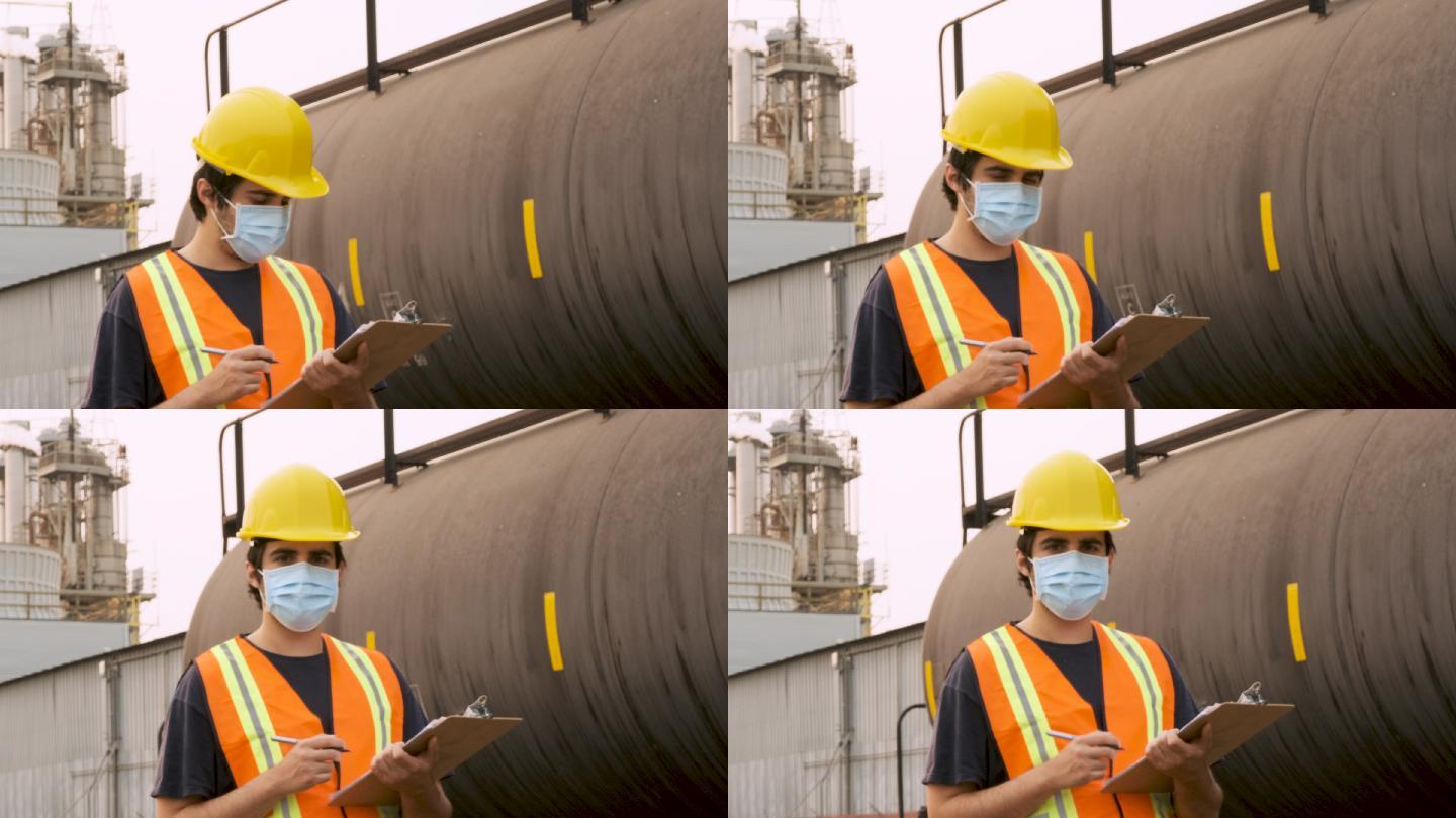 工业工人在液化石油火车车厢工作
