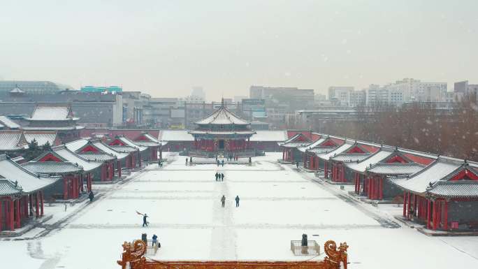 中国沈阳故宫古建筑雪景航拍