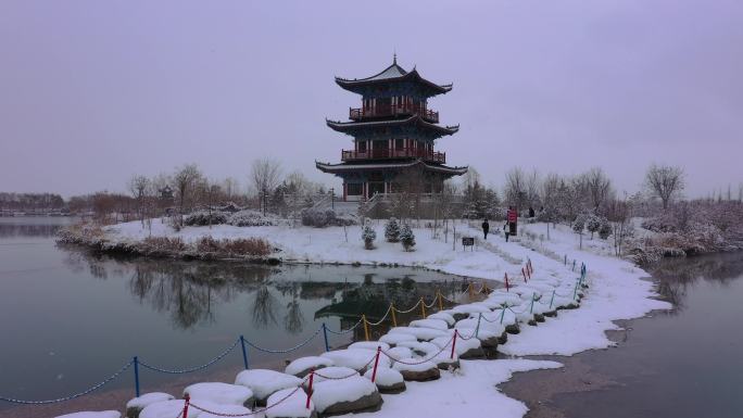 中式园林景观下雪天