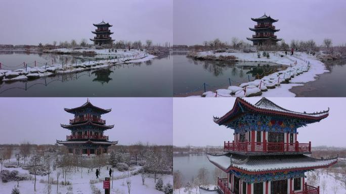 中式园林景观下雪天