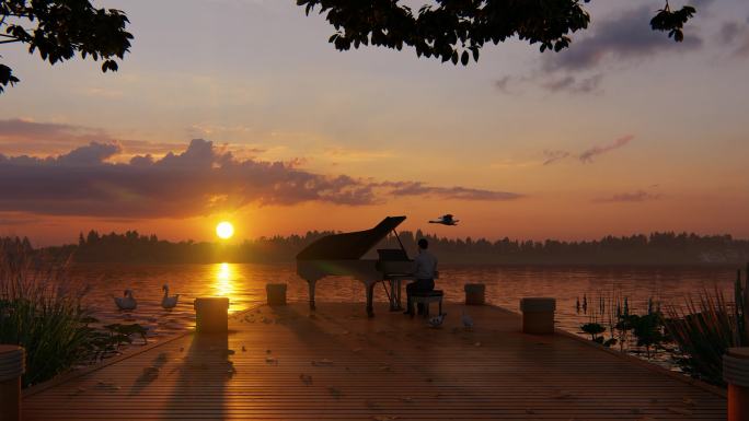 4K夕阳湿地公园湖边弹钢琴