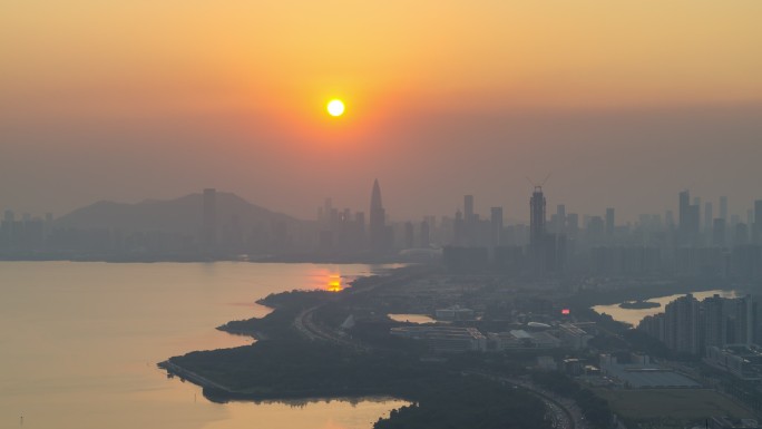 深圳湾滨海大道后海春笋日落延时摄影