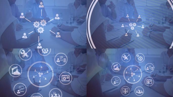 繁忙的办公室和图标网络