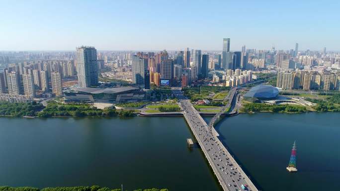 中国辽宁沈阳浑河桥城市风景航拍