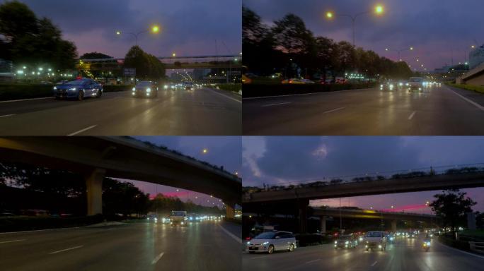 车内拍摄新加坡夜晚城市道路空境