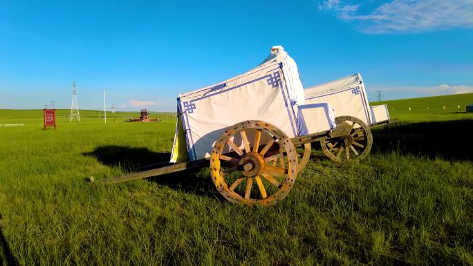 4k拍摄草原上蒙古族古老的勒勒车