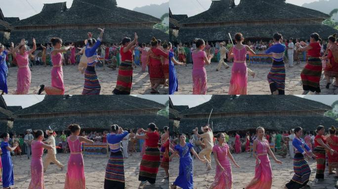 云南乡村过年村民跳舞庆祝丰收