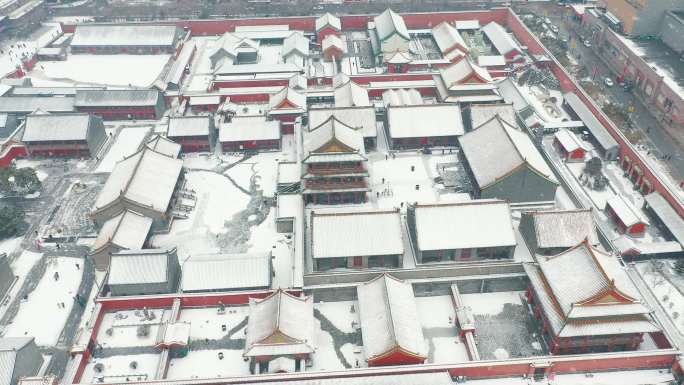 中国沈阳故宫古建筑雪景航拍