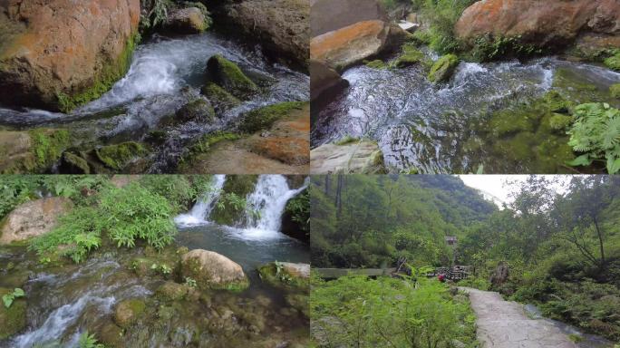 清泉瀑布山涧溪流山间流水竹子游客山中旅游