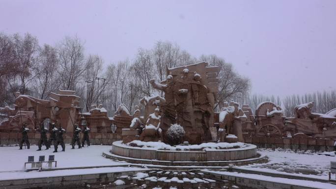 下雪天酒泉公园霍去病雕塑群