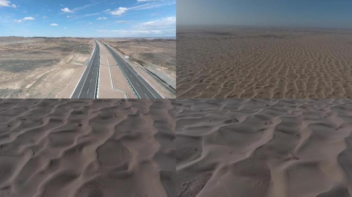 2k航拍新疆沙漠公路 防沙固沙 一望无垠