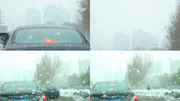 雪天交通拥堵路面积雪车窗积雪下雪天车流