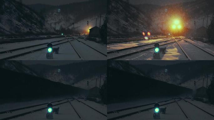 夜间下雪天行驶的内燃机火车