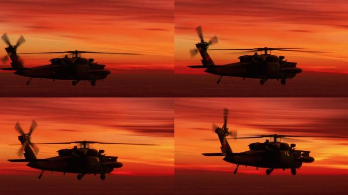 日落背景下的陆军直升机