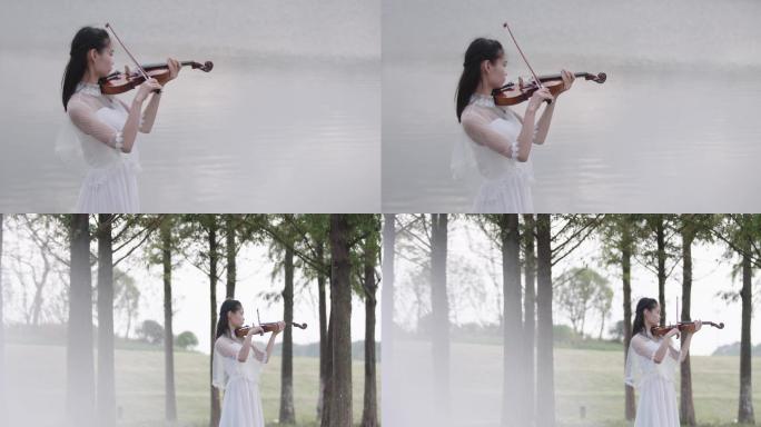 美女公园湖边拉小提琴