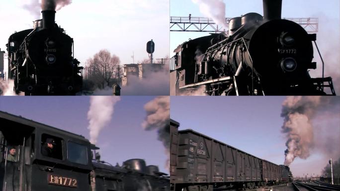 70年代蒸汽机火车启动起步行驶