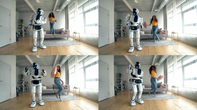 快乐女孩和机器人在一个房间里跳舞