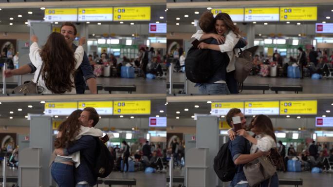 幸福的夫妇在机场相聚拥抱非常激动准备旅行