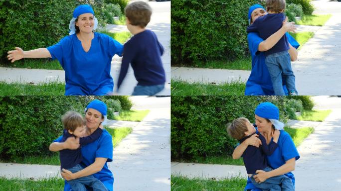 小男孩拥抱他的医生母亲