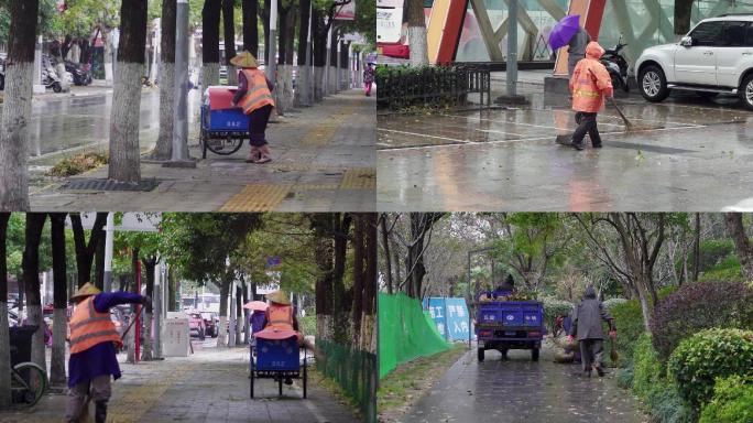 风雨中的清洁工人