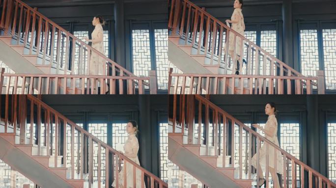 古风旗袍女子走在楼梯上