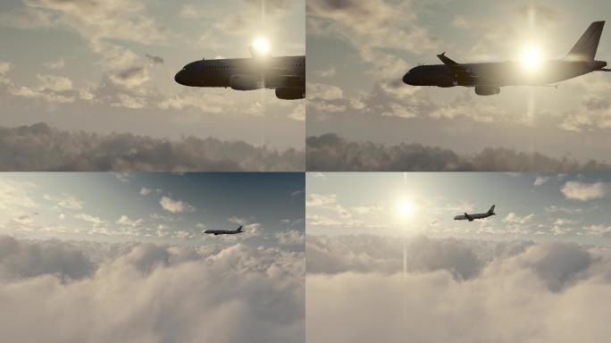 飞机穿越天空云层航班经飞直达商务旅行飞翔