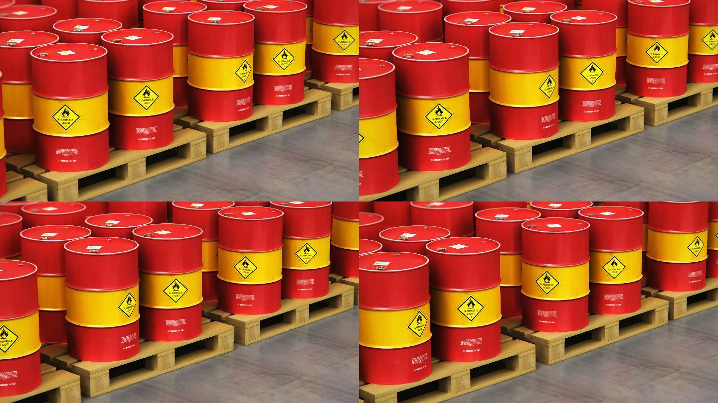 储存仓库中的一组红色堆叠油桶