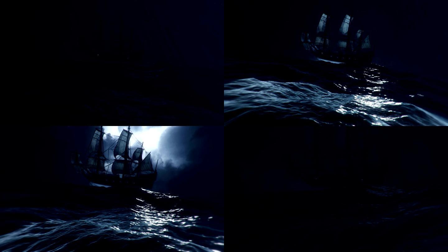 在海上大风暴中漂流的帆船