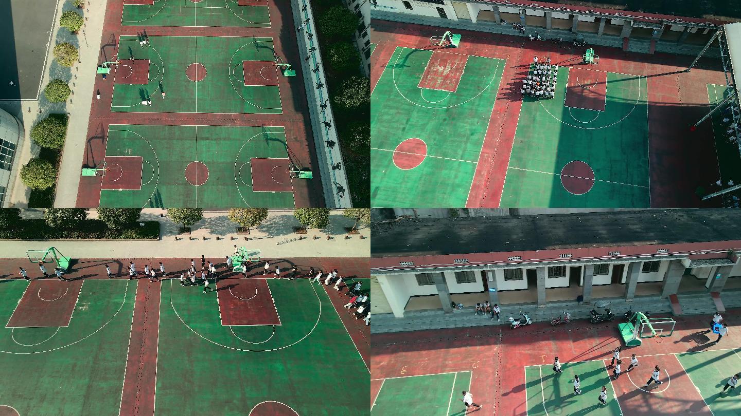 4K中学篮球场跑圈锻炼的学生航拍空镜