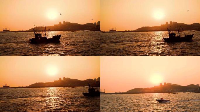 渔船夕阳剪影