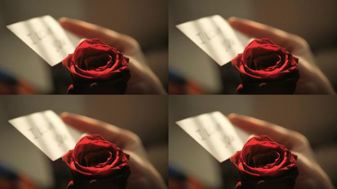 以红玫瑰为背景的女性手拿一张卡片