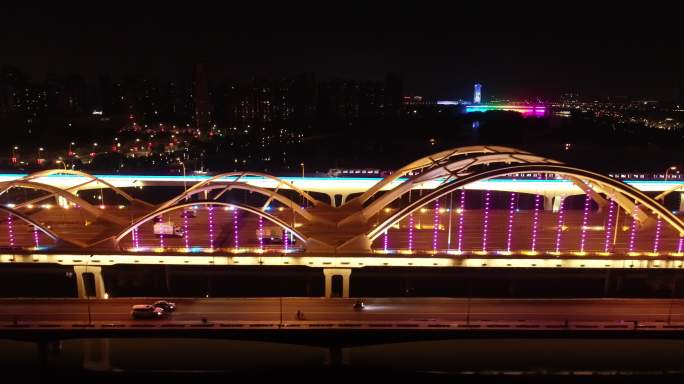 西安浐灞广运潭大桥夜景航拍西安地铁3号线