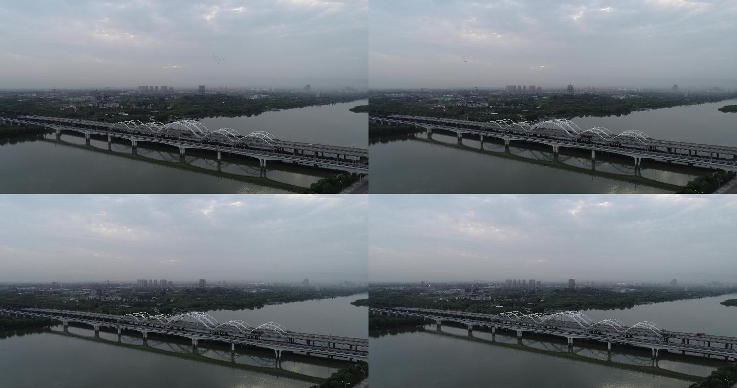 西安浐灞广运潭大桥航拍4K西安地铁3号线