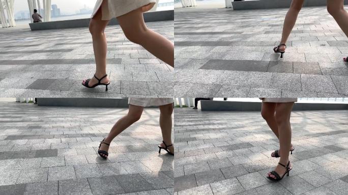 光腿美女穿高跟鞋跑步 脚步 运动