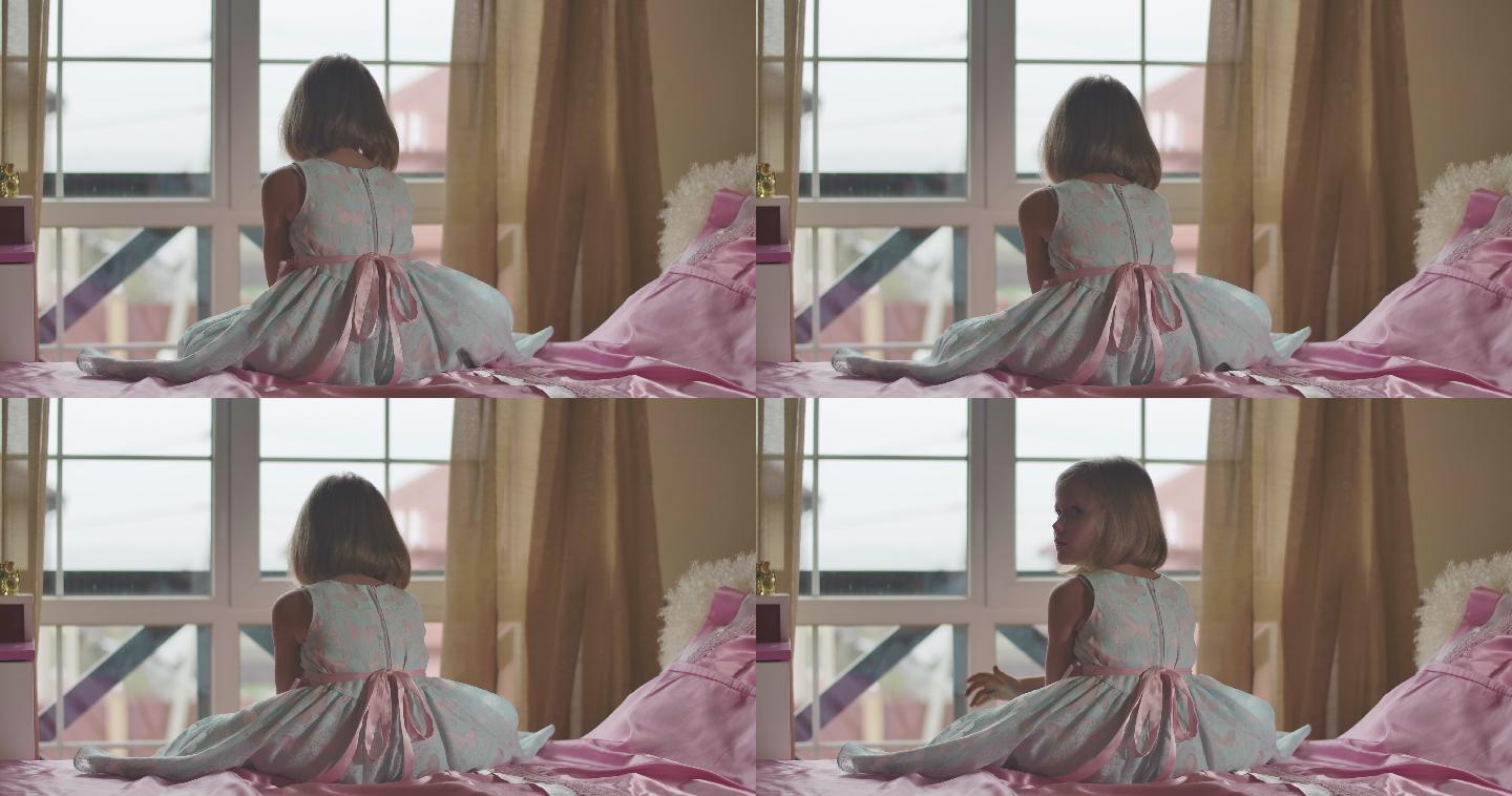 一个穿着裙子、蝴蝶坐在粉红色床上的孩子