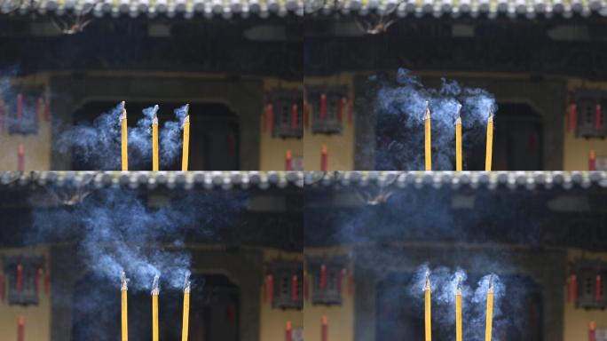 祭祀祭祖焚香三支香火袅绕实拍原素材