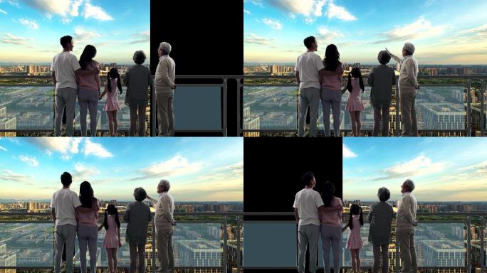 【视频素材】一家人阳台看景带背景通道