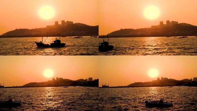 夕阳渔船剪影4K