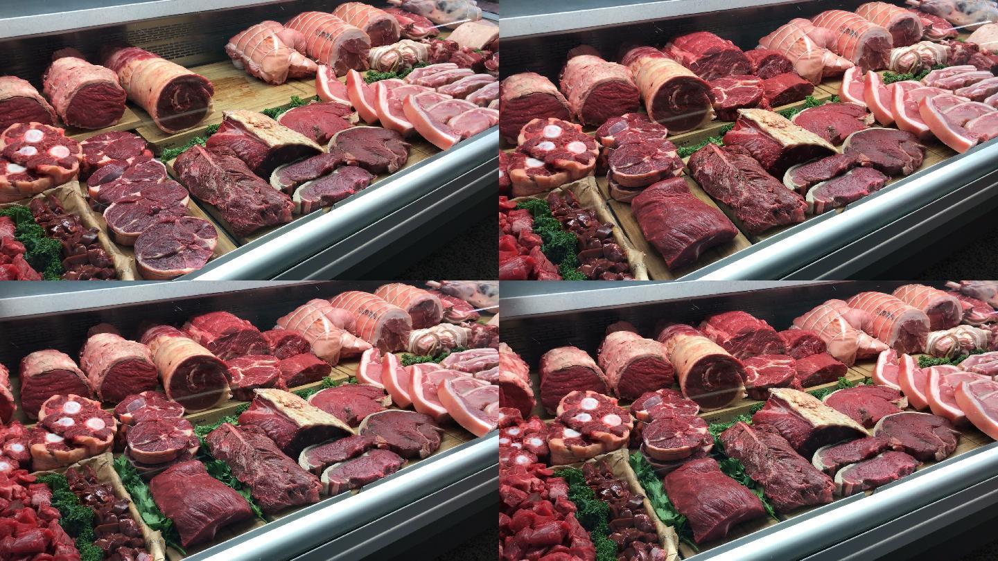 在英国肉店里菜市场生鲜区肉制品货柜