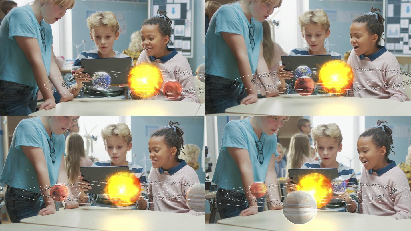 学生观看太阳系的教育性3D动画
