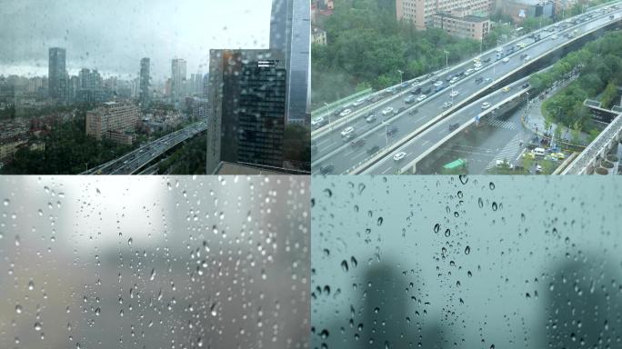 上海雨天的高架桥与建筑玻璃