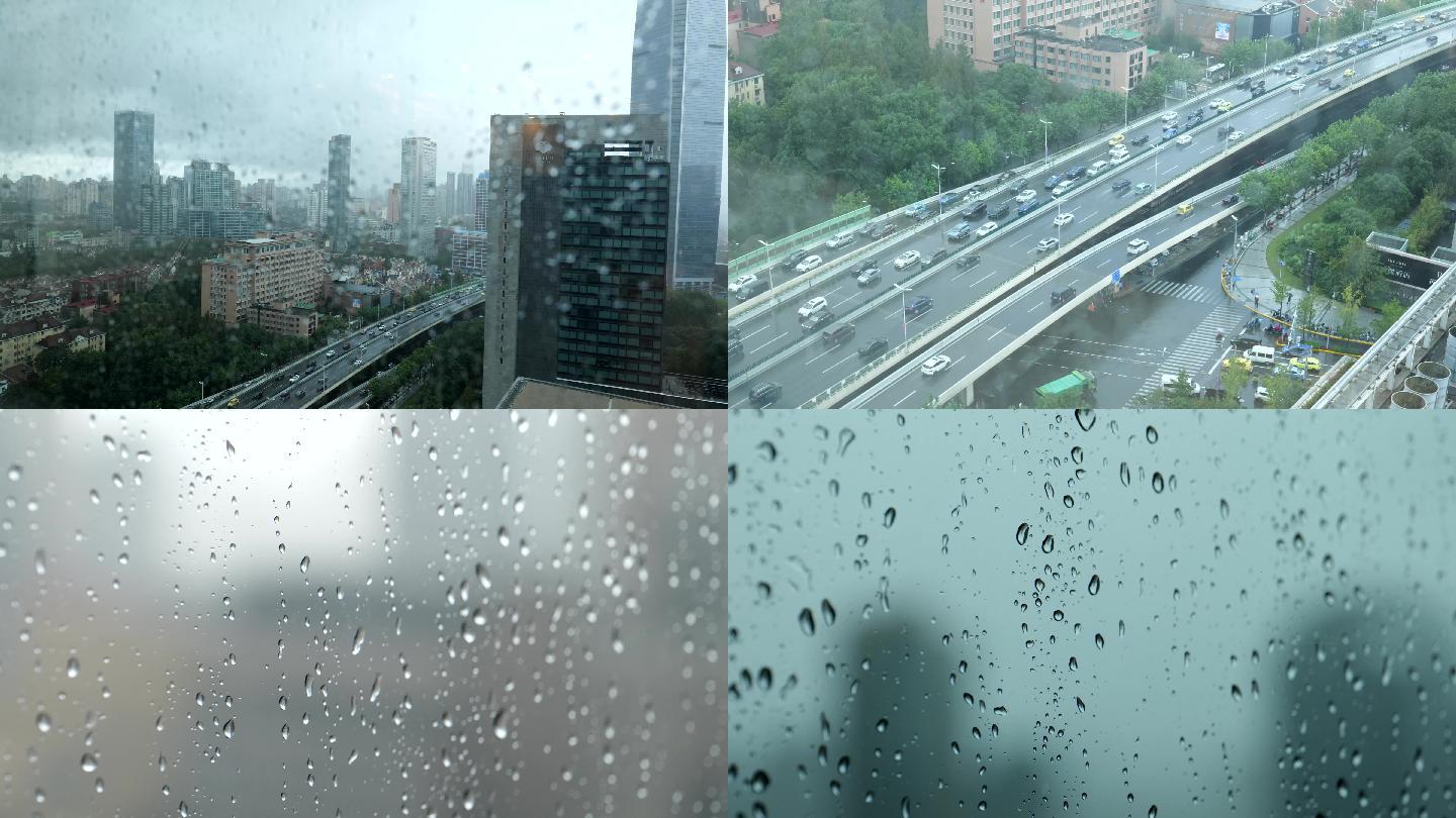上海雨天的高架桥与建筑玻璃