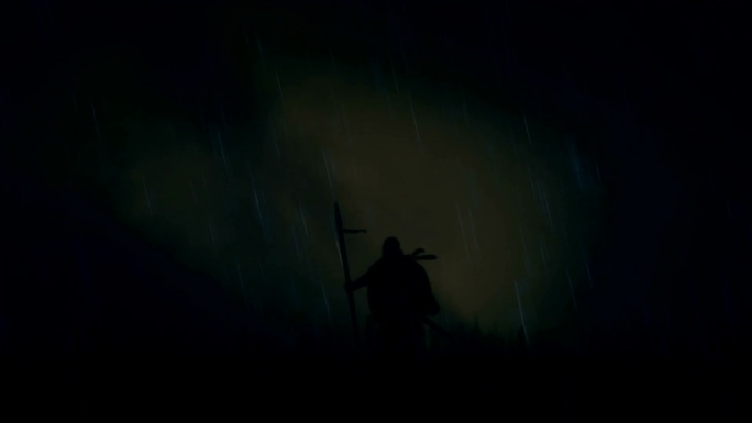 在暴风雨中独自站在战场上的战士